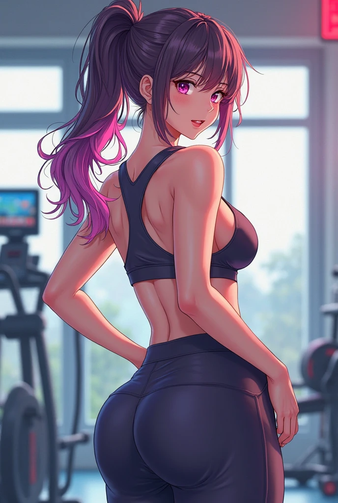 masterpiece, best quality, highres, hmmarnie, sparkling aqua eyes, choker, hair ribbon, model like looks, idol grace, sports bra, tight shorts, trunks, cowboy shot, large breasts, triple D cup breasts,standing, gazing at viewer, sweaty, sweat drip, gym setting, gymnasium, blush, huge breasts, gymnastics, round buttocks, bubbly ass