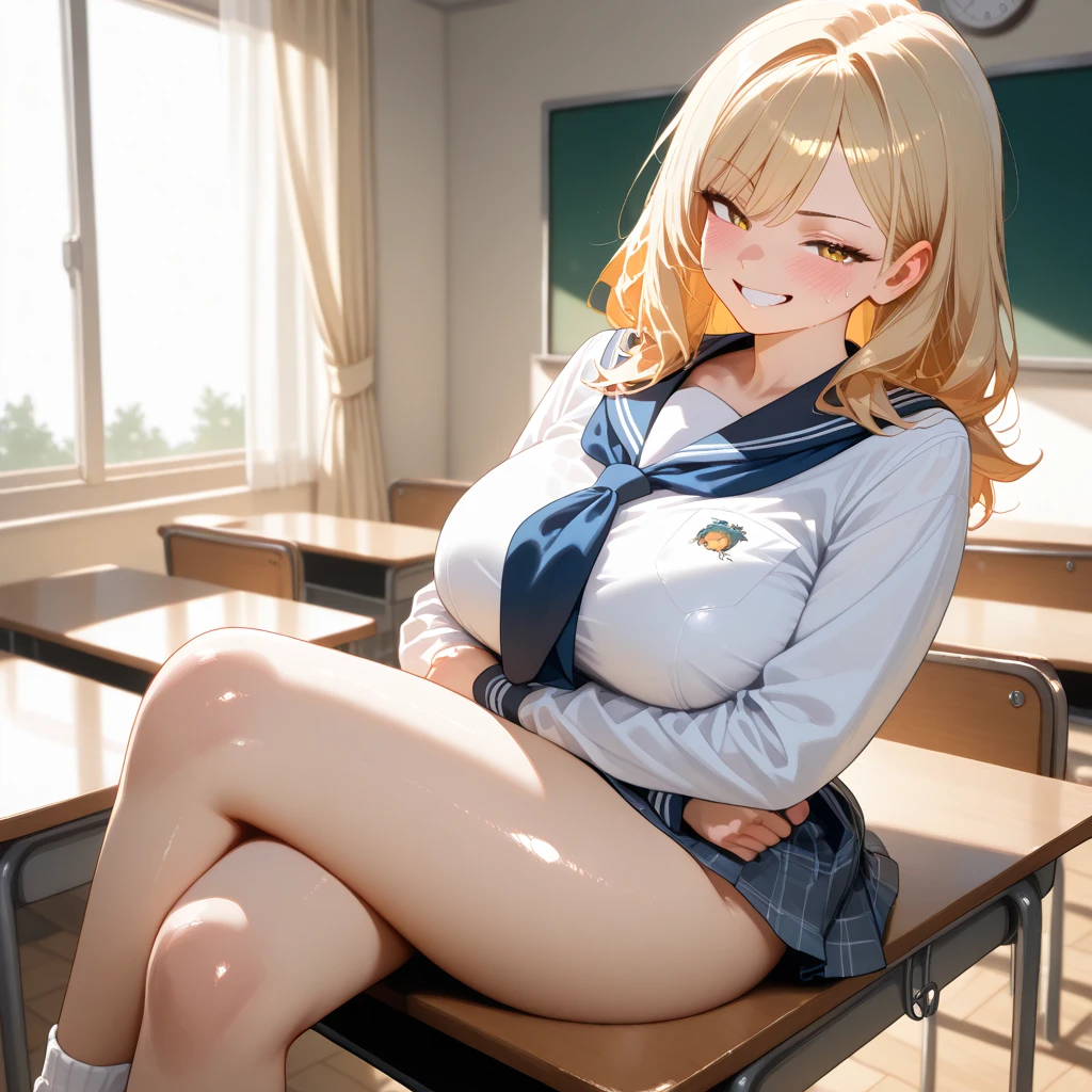 best quality,ultra-detailed,high resolution,extremely detailed CG,perfect anatomy,detailed,cinematic lighting,beautiful detailed eyes,ultra high res,pov,1girl,MILF,milf,gleaming skin,oil skin,large breasts,wide hips,skindantation,sweat,humid,clothed,curvy, (night:1.1),(moody lighting:1.3),(classroom:1.5),blue red pink white,dashed eyes,(erotic underwear:1.4),(seductive smile:1.8),(sweat:1.2),(open mouth:1.3),blonde,(see-through:1.3),(serafuku:1.5)