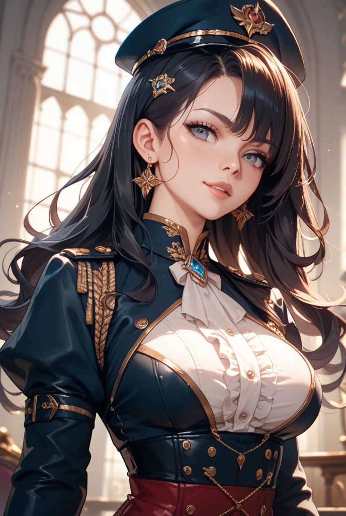 (best quality, masterpiece, ultra-detailed, extremely detailed, highres), (1girl, single, solo), 16 years old Anime girl, long raven hair, slightly wavy hair, parted bangs, cleavage, Magus, green eyes, earring, long black coat, white shirt, black skirt, aristocrat, noble attire, beautiful, ethereal, elegant, prestigious, classic, royal building, royal atmosphere, natural lips