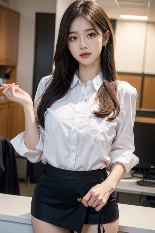 ((highest quality.8K、
masterpiece:1.3))、sharp:1.2、
perfect body beauty:1.4、 Slim
abs:1.2、((layered hairstyles、
huge :1.2))、company employee、Sit on a chair、Wear black tights、skirt、suit、office、Office Lady、office worker、Spread your legs、black underwear