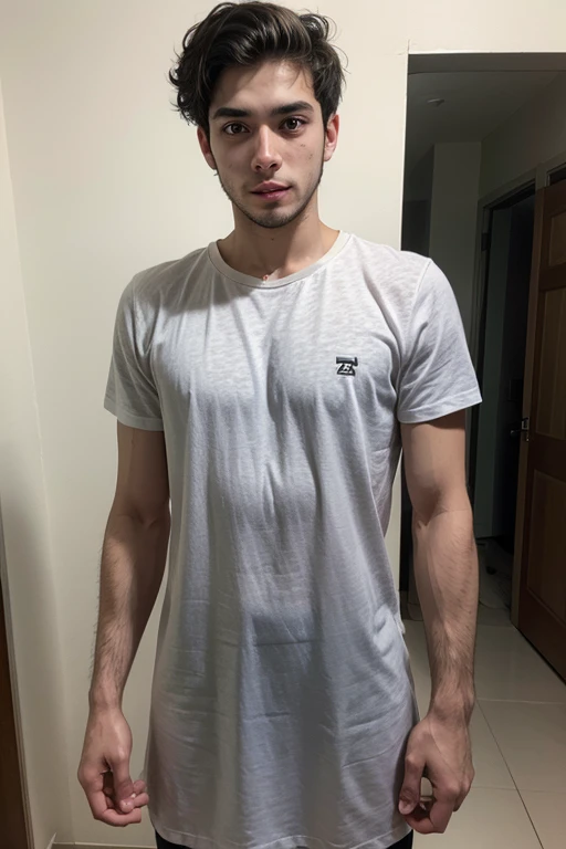 sexy man, 30yo, black short beard, with a white tank top, sporty. Blue eyes, smiling, full body.