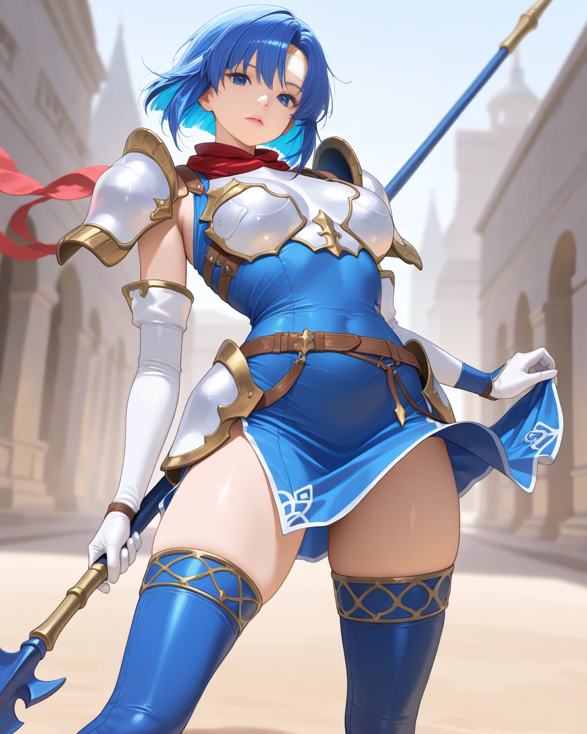 1girl, masterpiece, best quality, perfect hands, blue hair, short hair, catria_echoes, dress, blue elbow gloves, belt, blue fingerless gloves, armor, blue thigh boots, short dress, side slit, breastplate, white headband, pegasus knight uniform \(fire emblem\), smile, spear, blush, parted bangs, pkuniform, blue dress, thigh boots, sexy pose