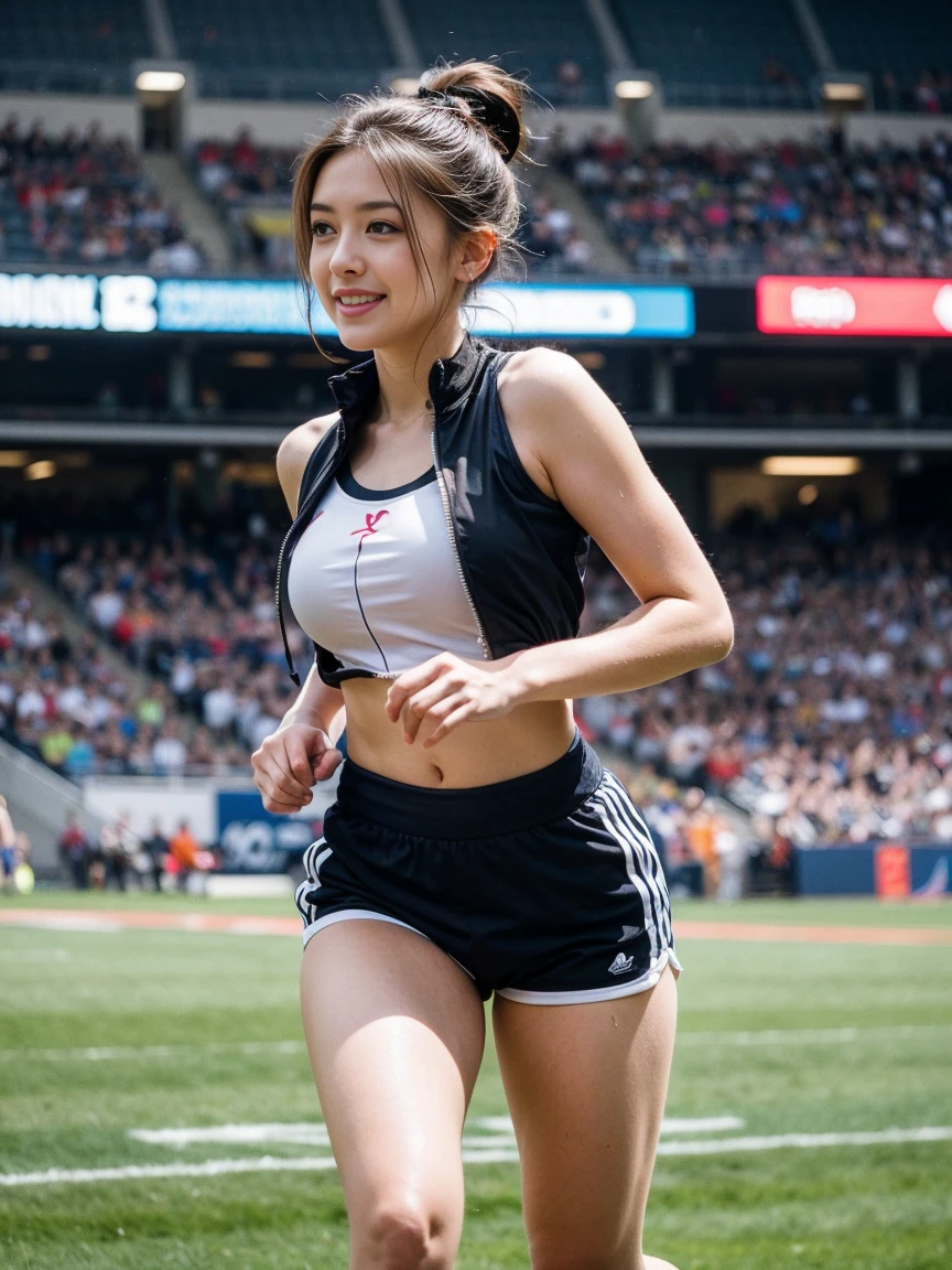 4K, 1girl, (Best quality: 1.35), high quality, realistic photos, realistic, super detailed, (High resolution:1.35), sharp focus, RAW photo, (Depth of field), (F1.2:1.45), 
BREAK,
(Athletics stadium), (blue sky:1.2), 
BREAK,
(smile), Wink, (one beautiful woman:1.33), beautiful expression, realistic, (beautiful eyes:1.3), (double eyelid), (detailed face:1.3), (long face:1.3), (shiny hair:1.2), (black hair:1.35), (short hair:1.2), 20th generation, 
BREAK,
(cowboy shot:1.5), (running), sporty physique, (big breasts), Beautiful woman, cute navel, (Beautiful thighs:1.4), (thighs:1.3), round ass, big ass, model, (Well-proportioned limbs), 
BREAK, 
(red bloomers for sprinters:1.45), (No-frills athlete bloomers:1.2), (red sports bra for sprinters:1.45), 