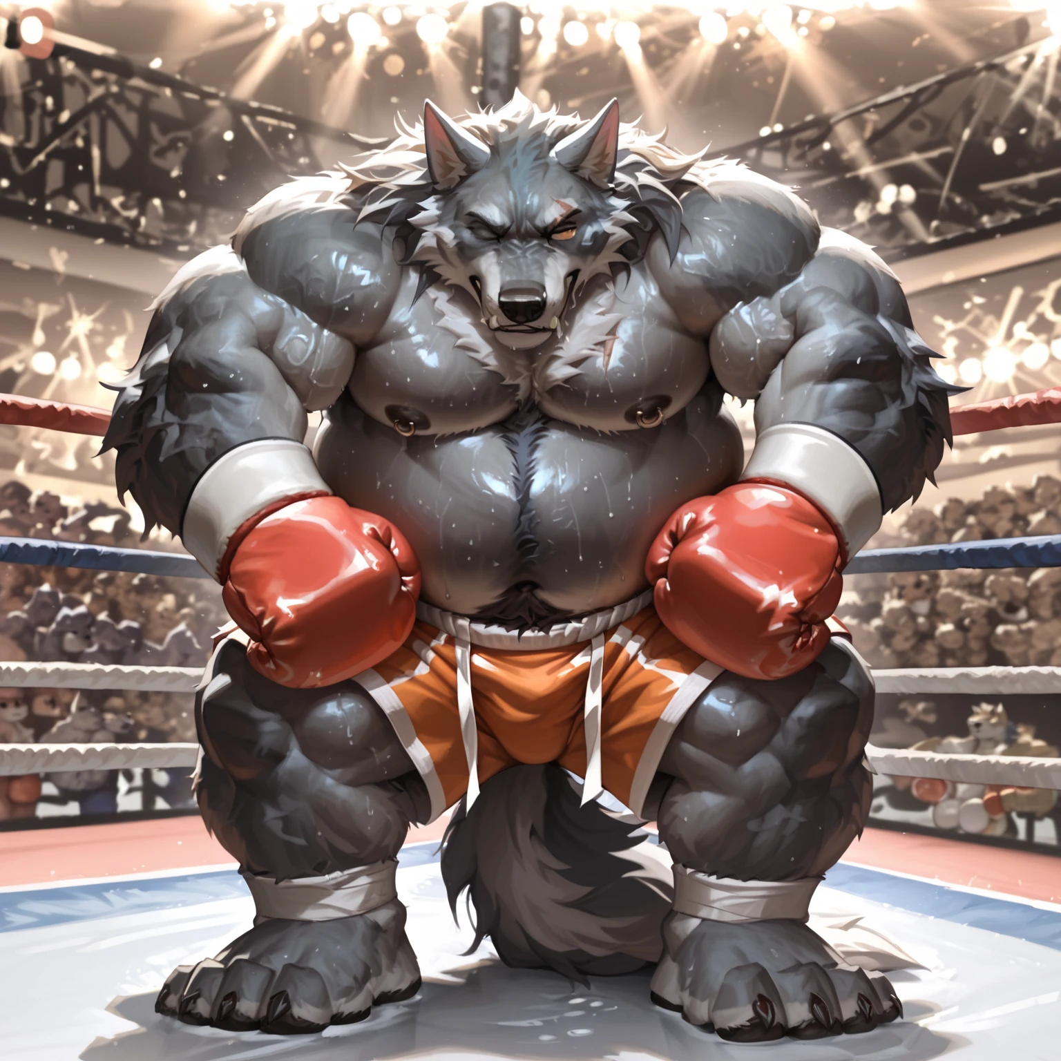 (ultra quality):1.4, 4k resolution, color, smooth comics style:1.2, (by takemoto arashi, by meesh, by taran fiddler), solo, rottweiler:1.1, wrestling scene, very muscular, very heavyweight, correct anatomy, wrestling, sweat:1.5, sweat dripping, strong, masculine, wrestling ring, (blurry background, out-of-focus background:1.4), fighting scene, angry, detailed face, detailed eyes, wrestling briefs, black fur, fighting gloves