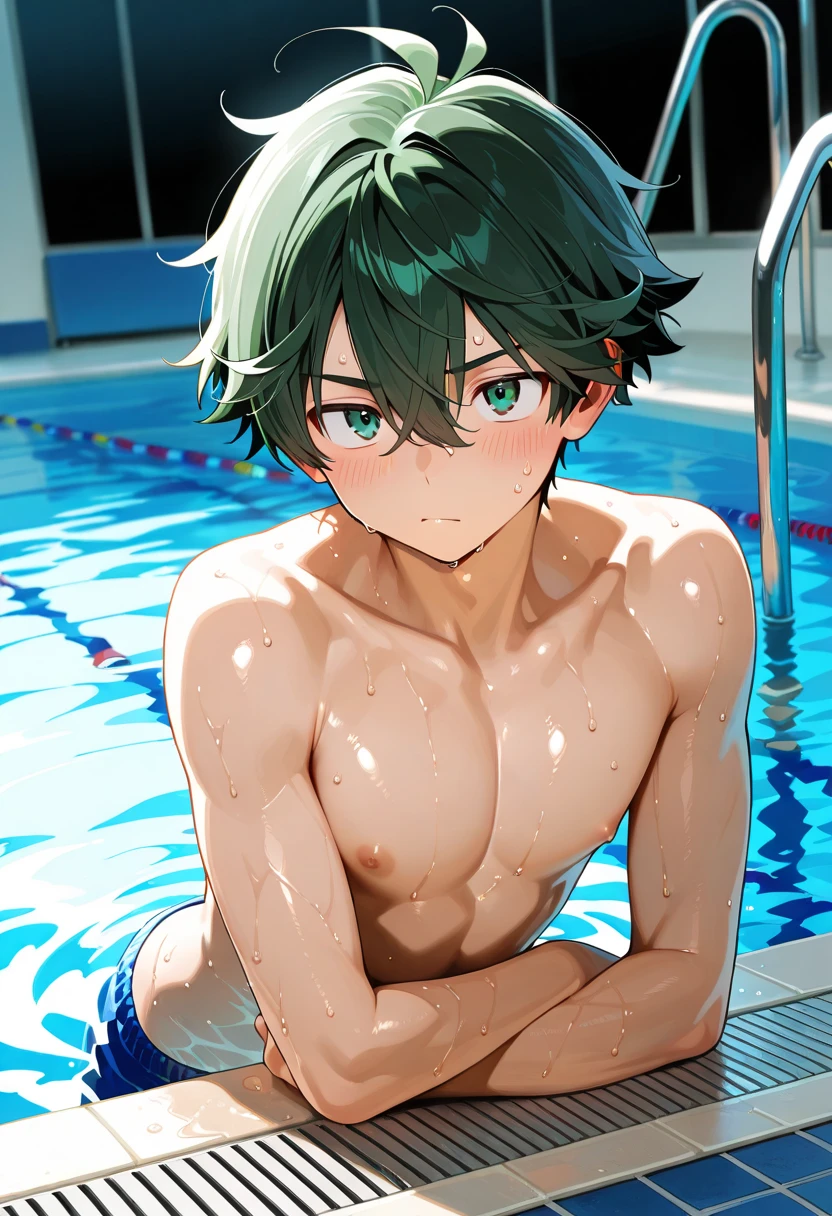 (hyper-realistic digital illustration), hires, best quality, wearing small thong, full mast, erect bulge, erect bulge, visible through thong , underwater world, wide angle, swimming, athletic body, male, iridescent skin, flat chest, perfect eyes, messy green hair , bio-luminescent