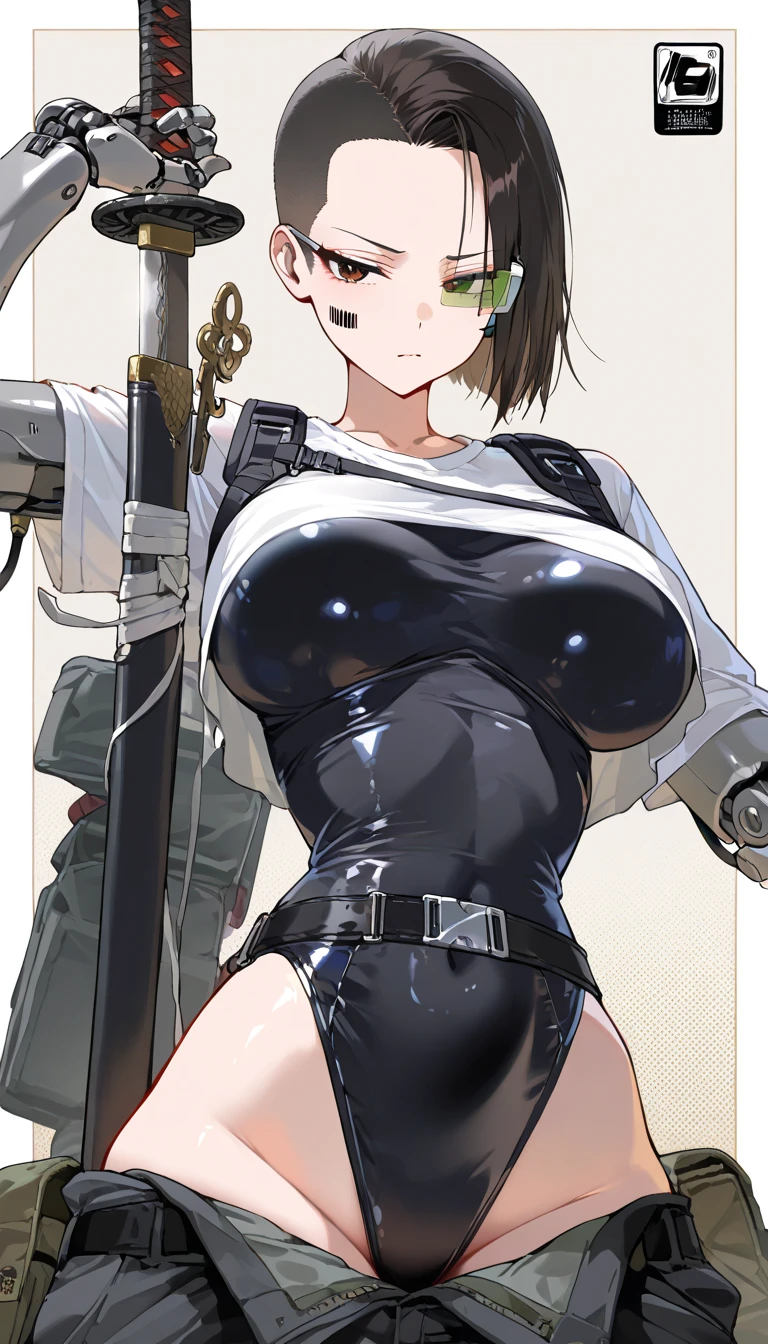 (masterpiece), best quality, female warrior, huge girl, female muscular:1.2, ((very short hair:1.6)), ginger hair, big breast, (curvy:1.8), (((blank background))), ((full body)), fingerless gloves, sandals, sleeveless, covered nipples, (underboobs:1.3), tshirt top, shaved hair, (buzzcut hairstyle), white socks