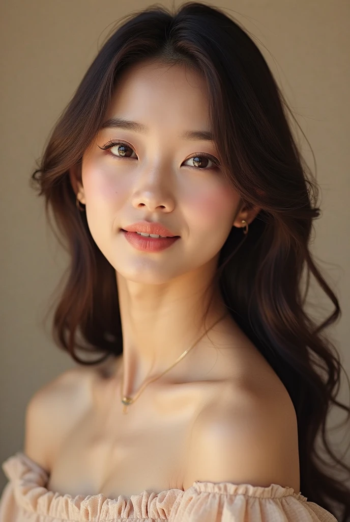 1 young asian girl standing in front,topless, smile,A happy look on his face,Showing fangs,cowboy lens,Cinematic lighting effects, bare shoulders, bare legs, 4k, 8k, high-res, facing camera.
