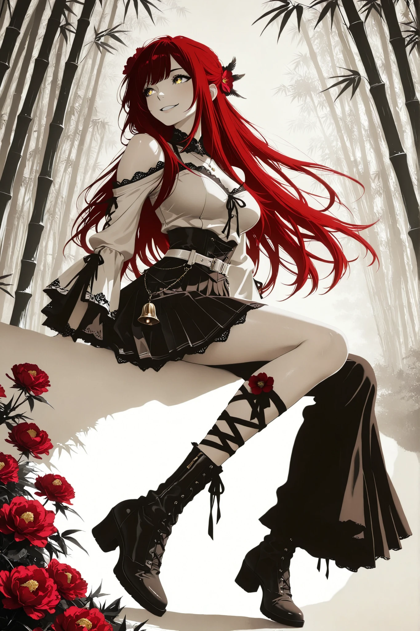 1 girl ,golden eyes , very long hair , long sidelocks, red hair ,half updo, petite , very cute , beautiful ,Straight hair, cool, handsome, hair ween eyes, mediumlarge breast, cool, beautiful, hair flower, Canna-Lilie, light brown vintage Pleated blouse with bell sleeves and bare shoulders brown vintage-gothic lace-up corset, long black gothic skirt with ruffles, heeled boots, Delicate belt chains with feather jewelry, white theme, light brown theme, necklace, bamboo, flower, hair flower, red flower, peony (flower), hair ornament, leg ribbon, solo, full body, sitting, head tilt, looking away, parted lips, smile, from side, ((dynamic angle)), dynamic pose, outdoors, nature, (blending, surreal:1.3), masterpiece, best quality, amazing quality, very aesthetic, 8k, HDR, cinematic, Dark color, monochrome, greyscale, ink \(medium\)