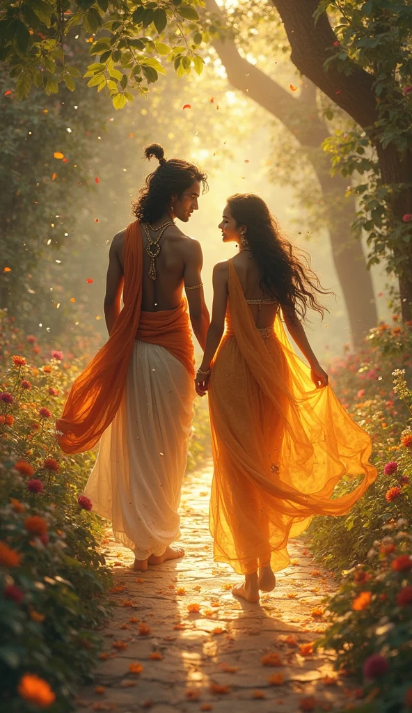 full lenght A beautiful young woman with long, flowing black hair, wearing a white Thai dress, a white and gold sarong, a white silk necklace, hanging earrings and a matching necklace and bracelet, walking hand in hand with a handsome young man, long, loose black hair, no shirt, wearing a gold cloth, glowing beautifully, sparkling. A scene of a meadow with small flowers, a small stream, oil painting, three-dimensional painting, art by Ajarn Chalermchai