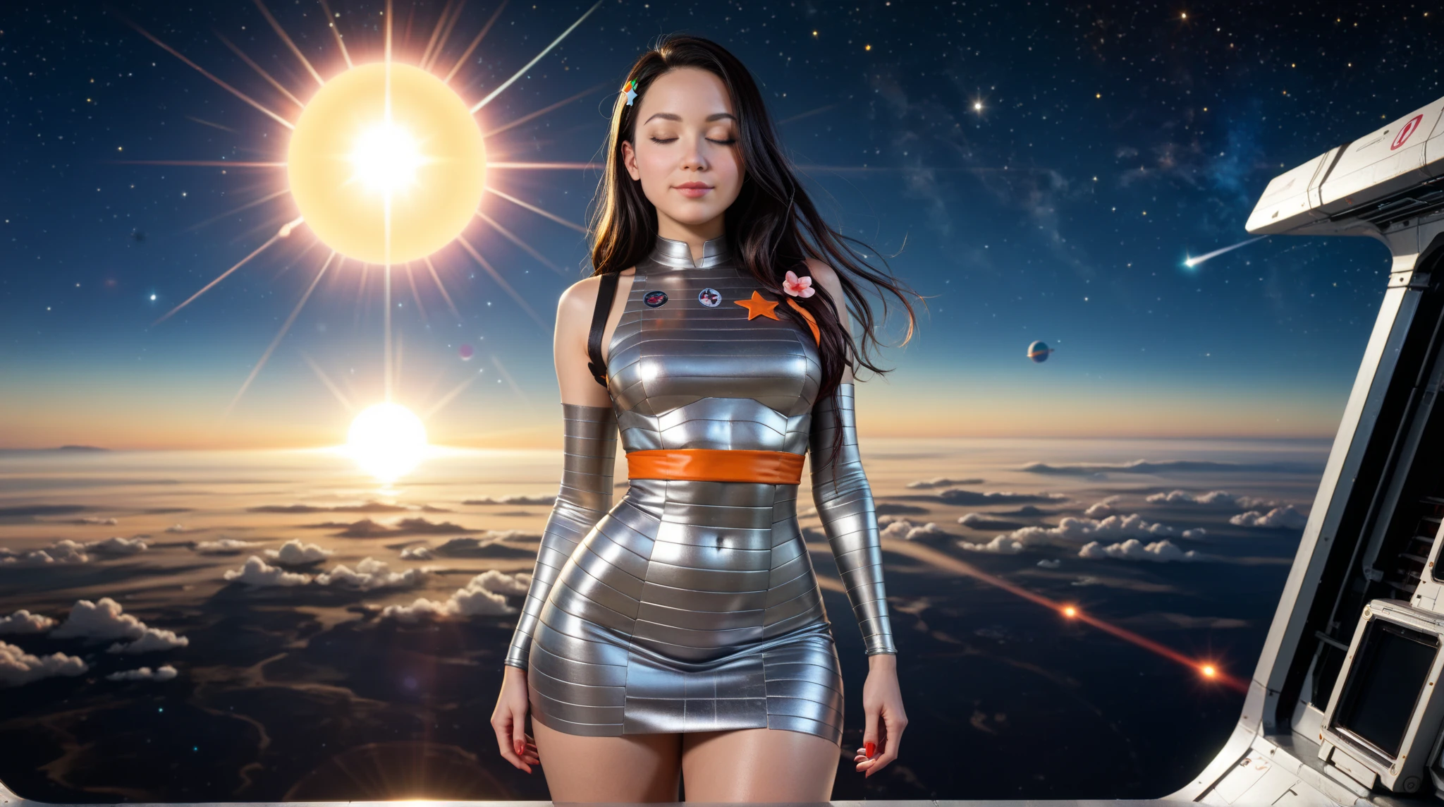 (smile)、((Black Hair))。(((Staring at the audience)))、((Wearing a space suit standing on the moon)),((White bikini shorts))、(((Spacewalk)))、wear spacesuits, 白いDressed in an astronaut costume, Cute girl in a tank top, girl in space, In space, (((Dressed in an astronaut costume))), woman astronaut, ((月面でOpen Stance))、((Sexy young woman's body:1.4))、Large bust、The navel is clean、I can see your belly、Open Stance、