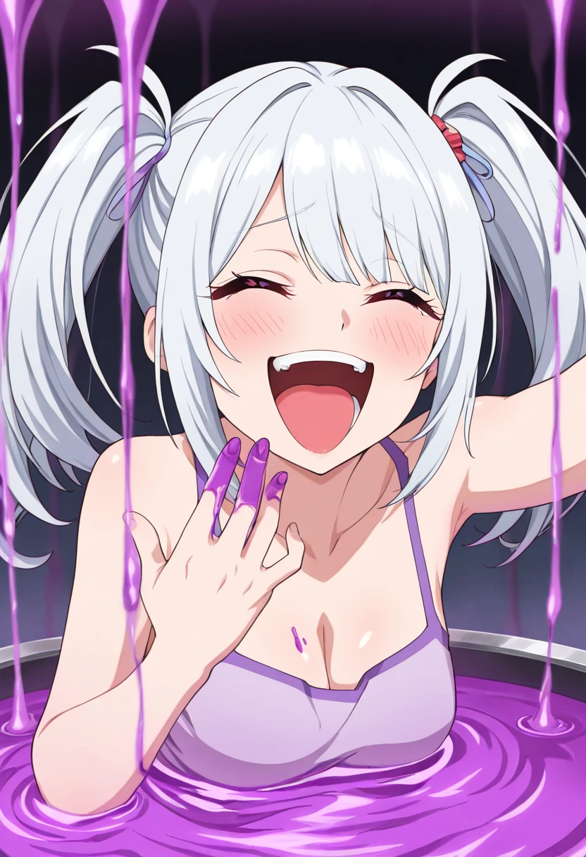 nsfw,uncensored,girl, 独奏, breasts, smile, open_mouth, bangs, large_breasts, silver_hair, holding, purple_eyes, nipples, upper_body, NUDE, (food, tindoors, cup, table, plate, bowl, chopsticks, ass pov_across_table, ryokan), BREAK 2D, 8k, highres, masterpiece, super fine illustration, photo background, insanely detailed, blurry background, depth of field, natural light, soft lighting, perfect fingers, nice hands, perfect hands,((cum on body:1.9, cum on hair:1.9. cum on face:1.9, cum on mouths:1.3,cum on table 1.9)),multiple boys, peeing on a girl, facial, cum on mouth, cum on body, multiple penises, gangbang,holding penis))),ecstasy torogao, saliva trail, nose blush,smile,(spoken heart:1.5),(peace sign:1.5),(ahegao:1.2),(bloom:1.3),(look at camera:1.2),(bitch:1.3),(Commemorative photo:1.5),