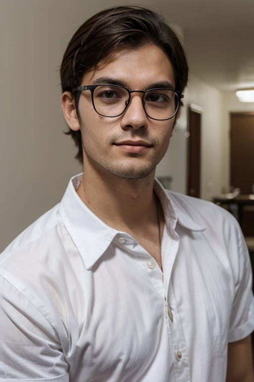 imagine a 16 year old boy with fair skin wearing spectacle and narrow body posing for a LinkedIn in formal with red light in background