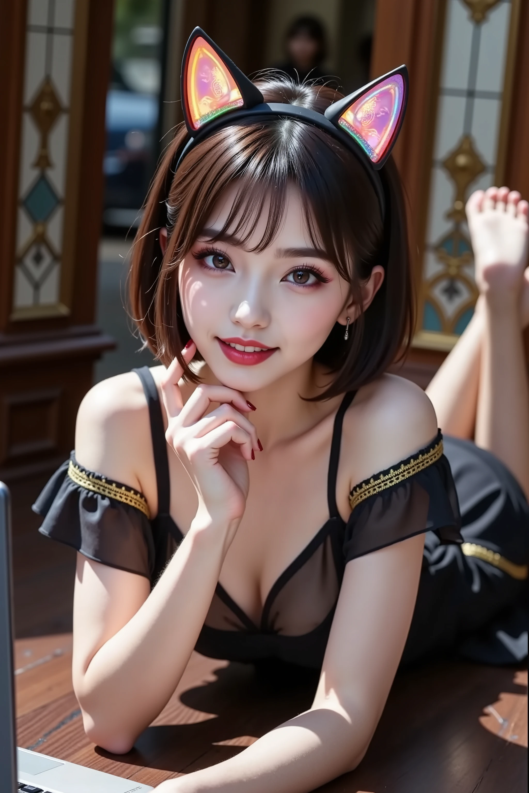 front,((composition viewed from above)),((3Dホログラムで作られたcat ear headband))((provocative pose)), 1 woman on the floor, Gorgeous Dress:Black and Gold、off-shoulder, ((cat ear headband:3D stereoscopic hologram、 colorful neon colors 、translucent、glowing)), Short Hair, working on a computer with slender eyes, Foxy face, Smile Yan,wear good makeup,In front of the Association's luxurious stained glass