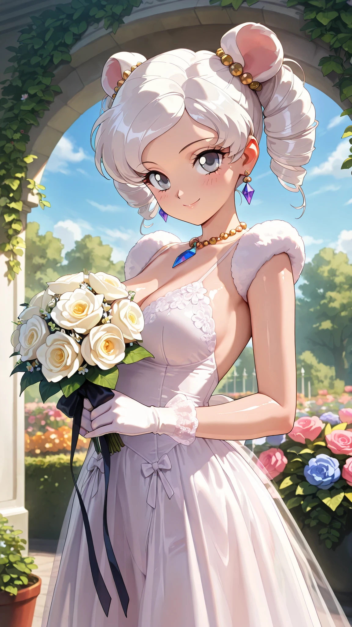 masterpiece, amazing quality, best quality, ultra-detailed, 8K, illustration, clear skin, ultra-detailed-eyes, soft skin, very awa, very as2, shiny skin, shiny hair, soft body, 1990s \(style\), day, official art, 1girl, grey eyes, white hair, drill hair, twin drills, earmuffs, photography, portrait, beautiful bride, jewelry, earrings, ornamented wedding gloves, expinsive ornamented long wedding_dress, expensive gorgeous ornamented, elegantly posing, wedding arch, beautiful flower garden on backround, cowboy shot, holds a bouquet, happy smile, looking at viewer