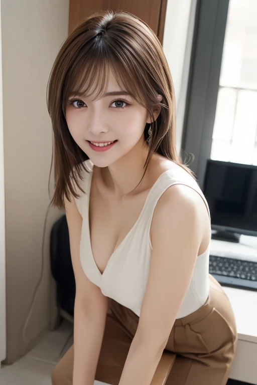 (Ultra-realistic), (High resolution), (8k), (very detailed) (beautifully detailed eyes),masterpiece, Best image quality, high quality,(super detailed), (wallpaper), (detailed face), The whole body is visible、above the knee image、Beautiful legs、thin脚、Look at me,Beautiful woman, Japanese, detailed, detailed eyes, detailed skin, Beautiful Skin, 超High resolution, (reality: 1.4),so beautiful, Beautiful Skin, thin, The finer details, detailed face, Look straight ahead, Al Photography, Bright lighting, Professional Lighting, Iris、brown hair, Short hair swaying in the wind, Stylish bangs、thin眉毛、smile、flat chest、 neat woman, natural beauty、 light makeup 、thinウェスト、fishtail skirt、Lace blouse、Feminine office style、Walking in the office district