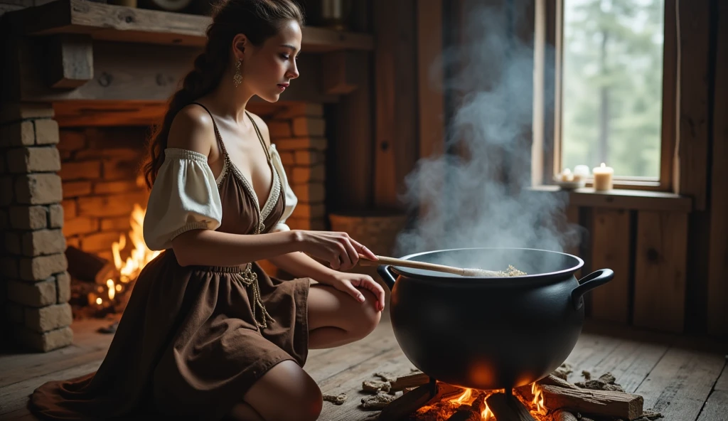 Girl with big breasts being cooked in a cauldron full of soup 