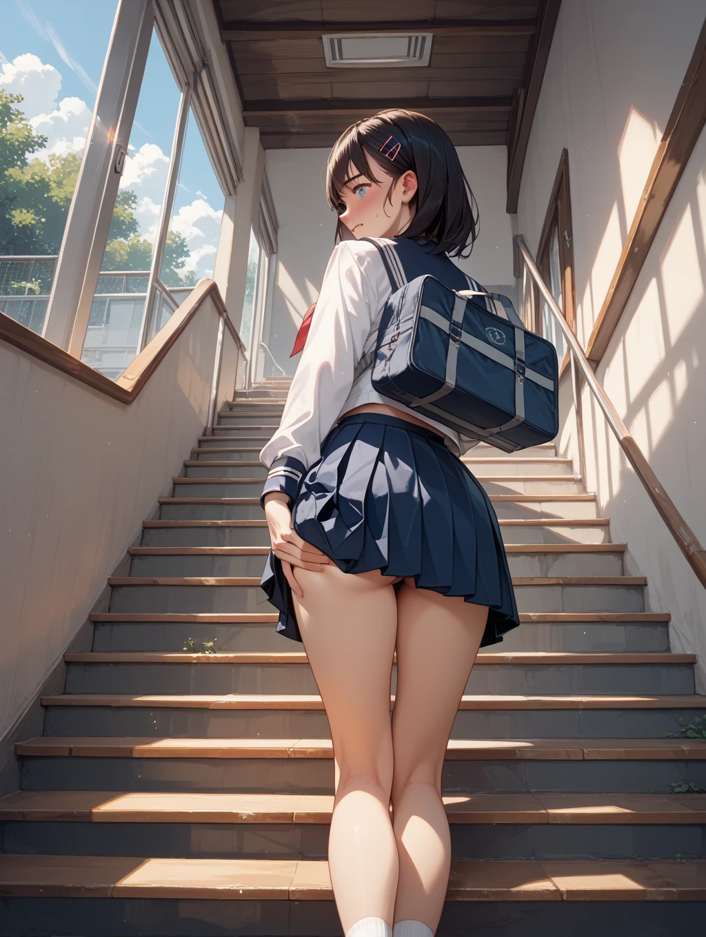 very cute and beautiful girl,(highly detailed beautiful face and eyes),(shy smile:1.2),blush,looking at viewer,
black hair,serafuku,(pleated navyblue mini skirt),standing,exposing thighs,holding school bag,
(looking back,from behind),(ascending escalator,from below:1.2),station,building,
(best quality,masterpiece),absurdres,highres,ultra-detailed,extremely detailed,32k,8k resolution,
intricate details,cinematic scene,detailed background,solo,dynamic angle,