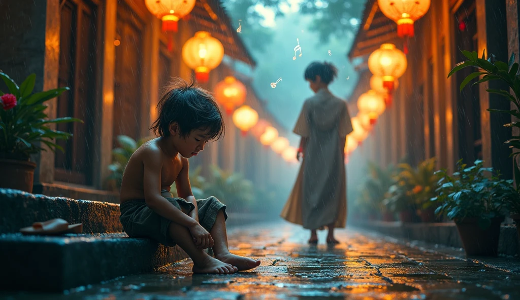 1 boy standing in market on rain fall in sunset ultra realistic in white custome