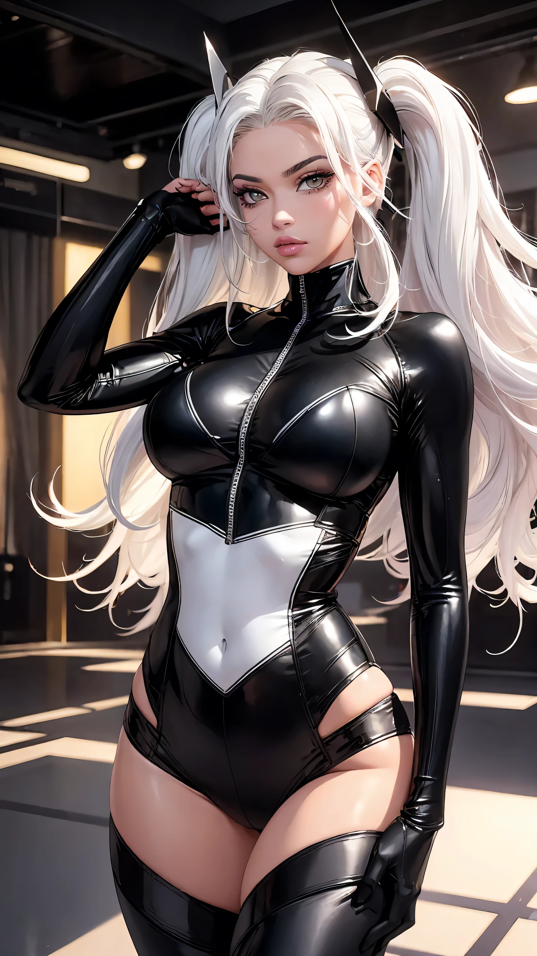 optimum,tmasterpiece,A high resolution,best qualtiy,hyper HD,super detailing,Award-Awarded,16k,独奏,(The upper part of the body),anatomy correct,Beautiful cyberpunk girl,cute face,,Gradient Beige Hair,Hairline,((Scarlet eyes)),long eyelasher,Hanging eye corners,White skin of the,(small boobs),(Slim body),((Women's extra short shawl leather jacket)),((racing_suit)),ear studs,(neck rings),(Laser material clothing:1.2)