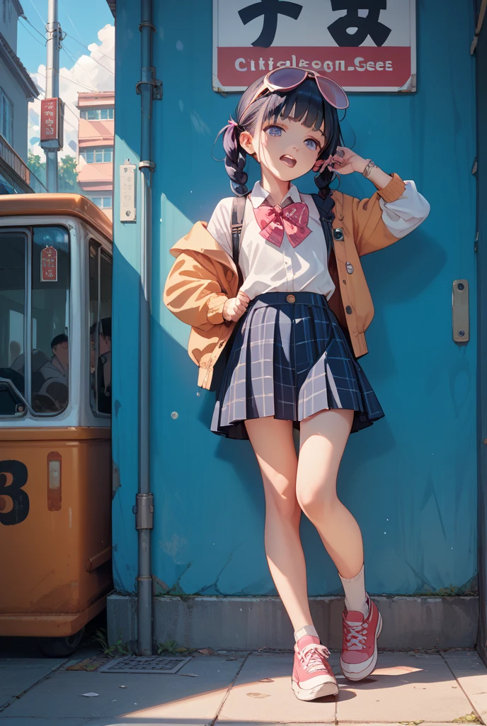 Student clothes+beret+(big pink eyes+Black glasses frame:1.1)+Intellectual beauty+(paint brushes|painting of a:1.2)+White knee-length socks+(under a sakura tree:1.2)+(3Drenderingof|3D drawing),gentle expressions