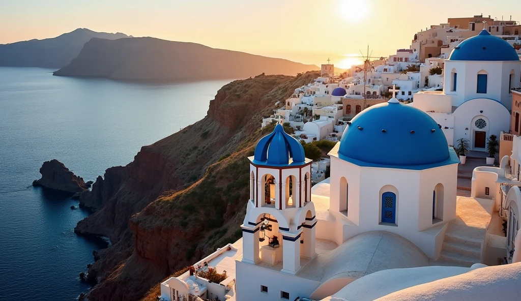 Mesa, Highest quality,masterpiece, In Santorini, Seaside Village, (((Only houses and buildings with blue domes and white walls))), Low residential density town, (((Ocean Coral Barrier)))