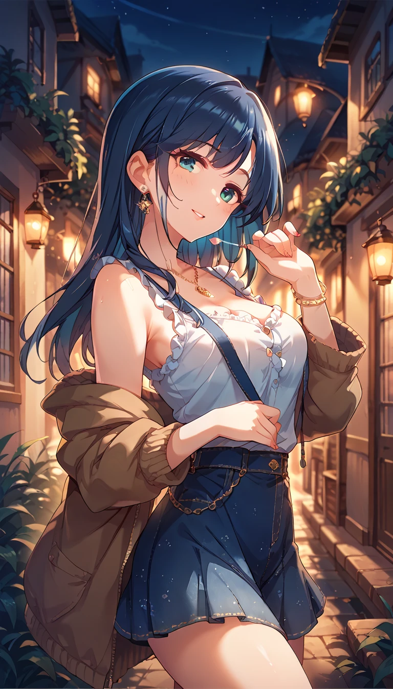 ((masterpiece, best quality, high resolution, ultra high definition, Pixel perfect, depth of field, 4K, RTX, human development report))), 1girl in, single, alone, Beauty、see whole body、 ((long hair, Short Liuhai, reddish brown hair)), ((blue eyes, beautiful eyelashes, realistic eyes)), ((Detailed face, blush:1.2)), ((smooth texture:0.75, lifelike质感:0.65, lifelike:1.1, Anime CG style)), medium breasts, Perfect body, (( Japanese kimono, bare shoulders ,Black tights)), Smile, Charming sitting posture, Hot springs (wind blows hair,bare shoulders、exposing her chest、Black tights) , It snows at night , hot spring naked bath