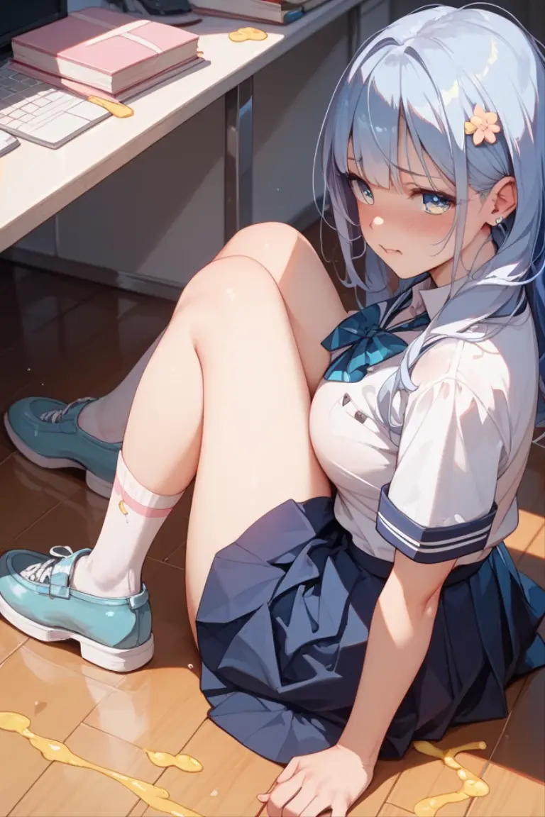 ((Masterpiece), Top Quality, Girl, (High School Uniform), , Silver Shorthair, Blue Eyes, (Skirt Deflected), (White Panties), (Small), Perfect Anatomy
