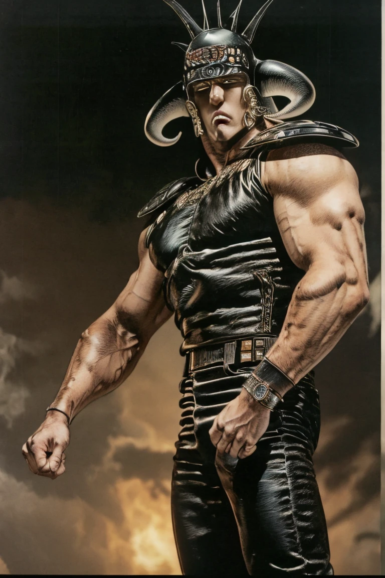 realistic beautiful handsome muscular naked bodybuilder man with a horned metallic mask over his lower face, full-body image, action pose, low angle view, futuristic interior background