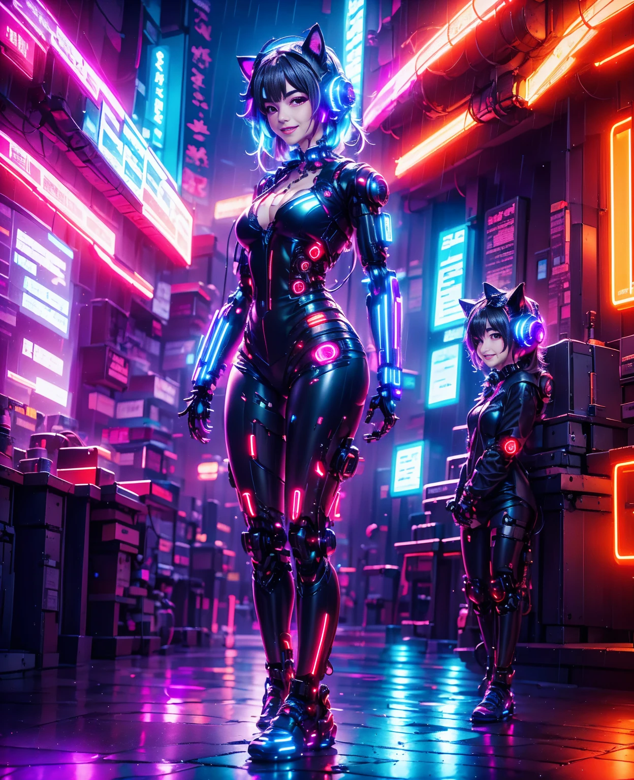 A cute woman ( sexy skin suit, a few cybernetic data-ports mar her skin, neon chrome color scheme (random color)) posing next to a matching cyber super car, future tokyo
