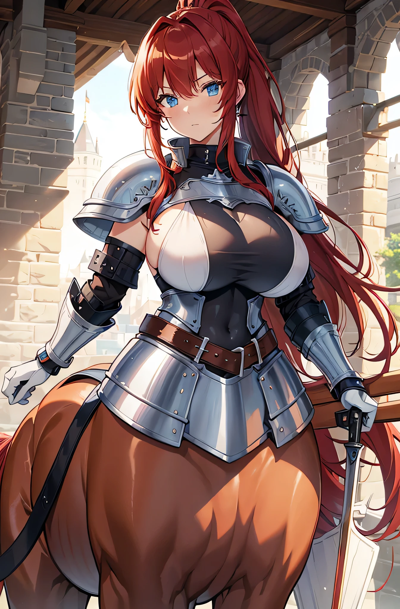 Meisterwerk), high resolution, (Extrem detailliert), fotorealistisch, 女の子1人, (((sehr langes, lockiges, kirschrotes Haar, seductive bright red eyes, largeeyes, Augen, niedliches Gesicht, kleines Gesicht, Scharfes Gesicht, gorgeous eyes, Blutjung, big legs, dicke Beine:1.7, wahnsinnig schmale Taille:1.3, medium boobs:1.3, flush, (Extrem sexy, sexy, sexy, sexy, sexy, sexy)))), ((Glatte Haut, Weiche Haut, Pralle Haut, Knight's Armor, steel leotard, leotard, bare legs, belt, fully armored, helmet, metal knight, patrolling the streets, fat ass, full upper body armor))