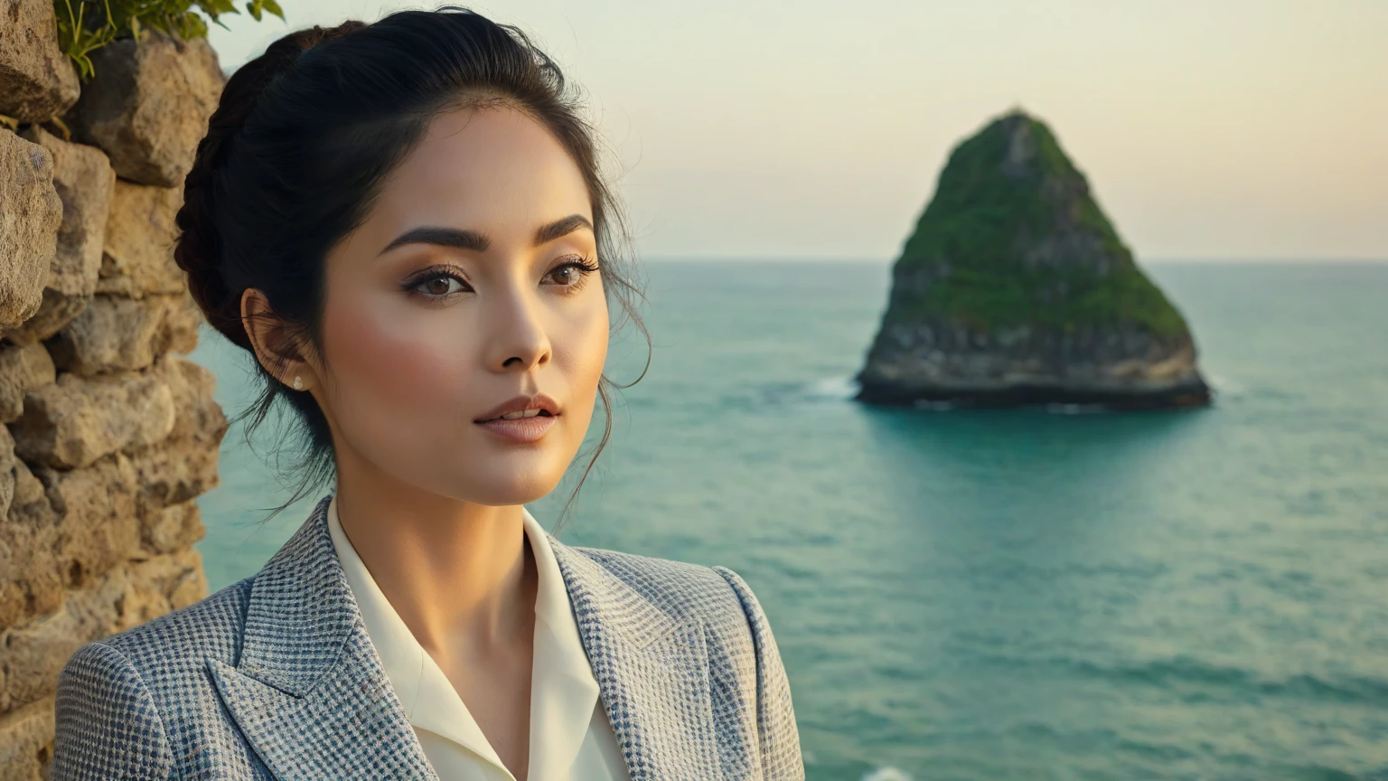 Seorang perempuan cantik wajah Indonesia berambut pirang sedang berada di pantai mengenakan busana nuansa  hijau