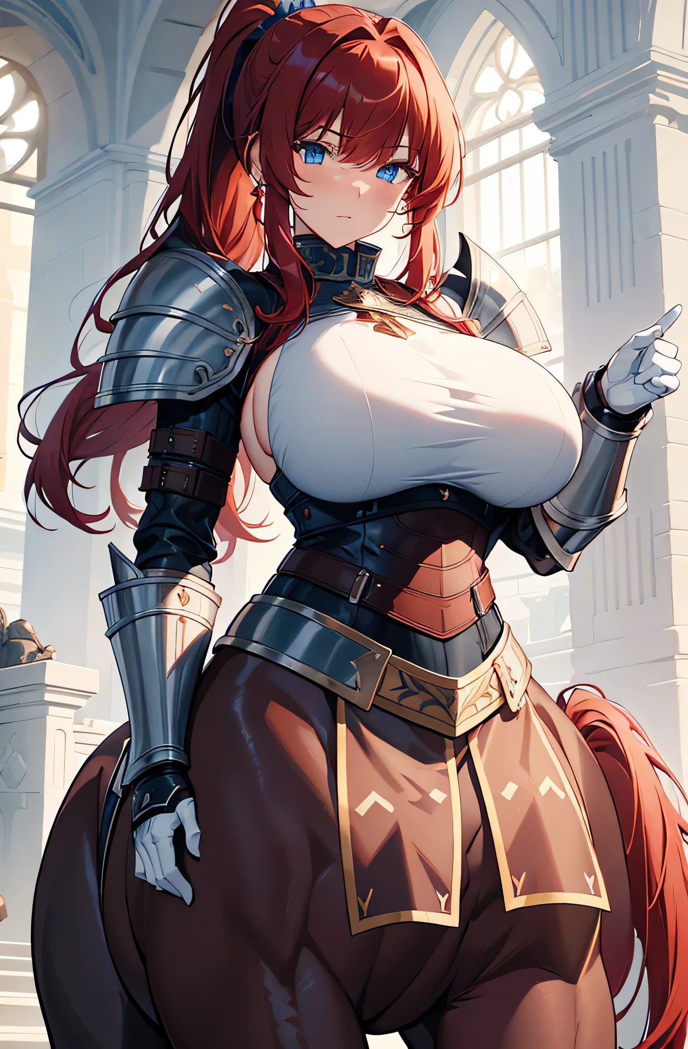 (masterpiece, best quality, ultra-detailed, high resolution, detailed eyes, detailed face detailed hair), takeda hiromitsu style, {{1woman}}, (30 years old), knight, full armor, red long hair, curly hair, curvy body, large breast