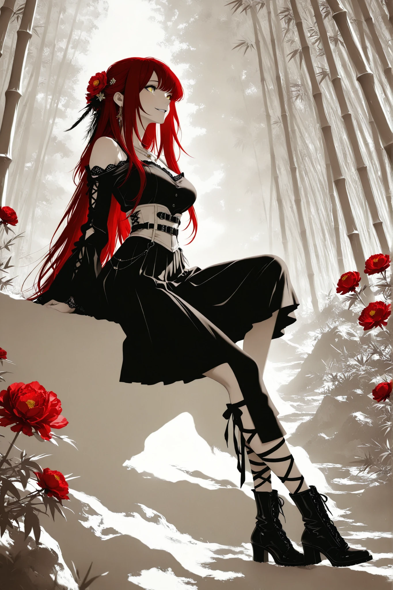 1 girl ,golden eyes , very long hair , long sidelocks, red hair ,half updo, petite , very cute , beautiful ,Straight hair, cool, handsome, hair ween eyes, mediumlarge breast, cool, beautiful, hair flower, Canna-Lilie, light brown vintage Pleated blouse with bell sleeves and bare shoulders brown vintage-gothic lace-up corset, long black gothic skirt with ruffles, heeled boots, Delicate belt chains with feather jewelry, white theme, light brown theme,  necklace,  bamboo, flower, hair flower, red flower, peony (flower), hair ornament, leg ribbon,  solo, full body, sitting, head tilt, looking away, parted lips, smile, from side, ((dynamic angle)), dynamic pose, outdoors, nature, (blending, surreal:1.3), masterpiece, best quality, amazing quality, very aesthetic, 8k, HDR, cinematic, Dark color, monochrome, greyscale, ink \(medium\)