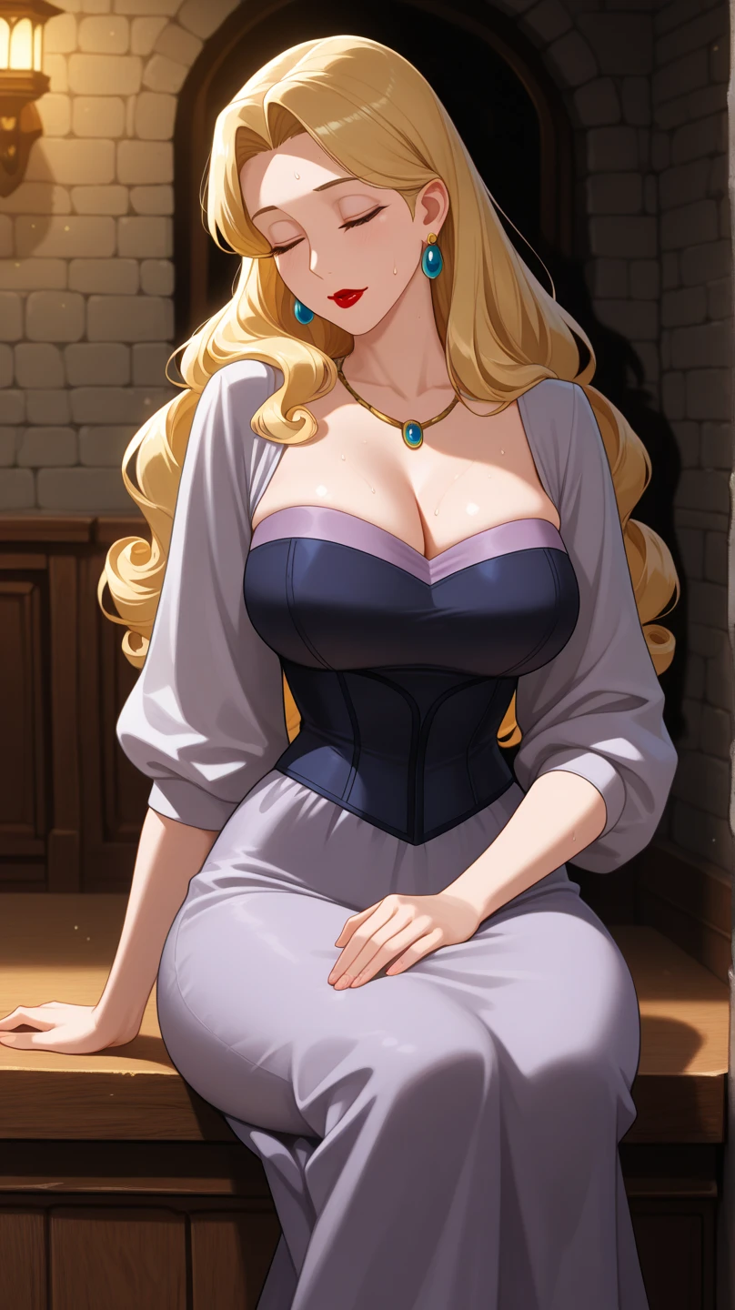 masterpiece, best quality, 1girl, solo, ((mature female)), round pupils, long hair, hair, princess, black dress, fantasy, happy, looking at viewer, cartoon, anime, (oil painting)