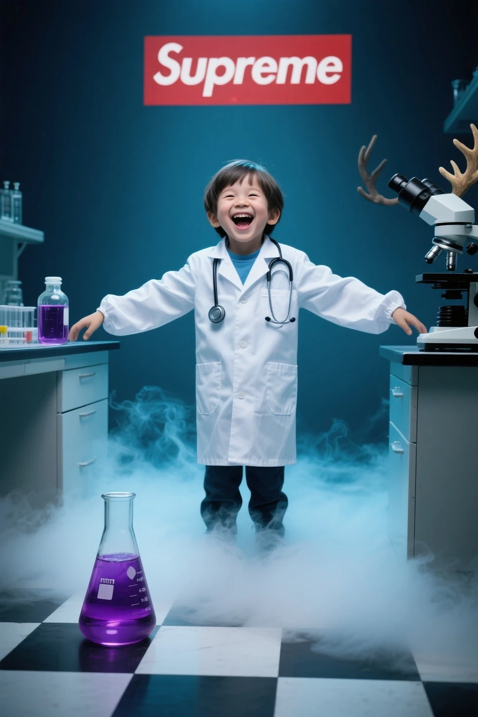 As a baby clothing model, this little Chinese boy is a doctor with beautiful eyes, wearing a white coat, ambulance background, noise elimination, full-body portrait, panoramic view, hq, wallpaper, game characters, super-angle movement posture, dynamic angle, 16k, fantasy, perfect art, ultra-clear details, octane rendering,