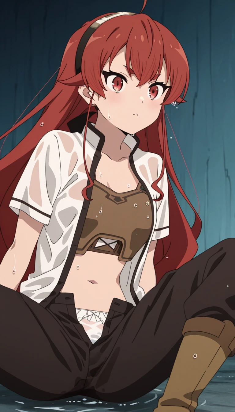 NSFW,masterpiece,highest quality,High resolution,Unemployed Reincarnation,Ellis,cat ear headband,cat tail,slave clothes,sleeveless,Navel exposed,chained,iron collar,Estrus,sexual excitement,feeling sexual pleasure,(Sweat:1.5),(drool:1.5),Ahegao,Excited smile,I'm in love,He closes his mouth and grits his teeth.,sex slave,sexual treatment,tattoo,in a cage