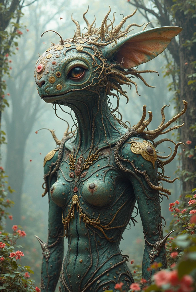 (elf with anatomical body parts), tattooed body, wo braid hair, wearing elf dress, cute face , big beautiful green eyes, full body, (hyper detailed eyes, hyper detailed face), 16k, 8k, RAW photo, best quality, masterpiece, high detail RAW color photo, dramatic lighting, cinematic lighting, back light, professional lighting