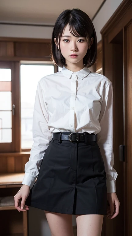 highest quality, masterpiece, 8k, ultra high resolution, (realistic: 1.4), 1 girl, beautiful face, symmetrical eyes, big, perfect body proportions, ((short hair、bangs))、((black hair:1.5)), school teacher、((The shirt is not buttoned、Tight Skirt:1.4)), ((the front of the shirt is open:1.5)), The viewer's gaze, ((Stand leaning against the wall、blurred background:1.5)), look at camera、friendly smile、seems kind、cowboy shot