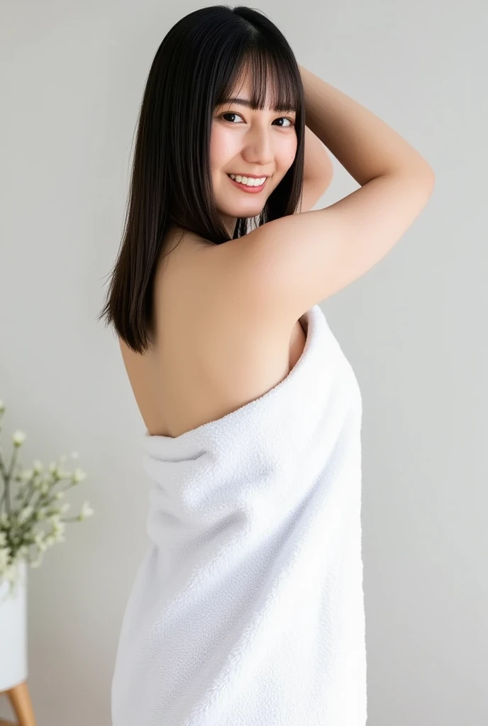((Best quality)), ((masterpiece)), ((photorealistic)), ((ultra high res)), (8K raw photo), 19 year old, beautiful face, white towel, cute small_breasts, happy smiling, ((Perfect Face)), brunette, full shot of a beautiful girls, detailed skin, detailed background, finely detailed, 8k uhd, dslr, detailed fingers, skintight, some steam, cute girl, ((wrap a white thin short towel around only breasts)),, 1 cute girl in a sauna, (photo of the upper body), breasts are hidden with a white thin short towel, highest quality、Anatomically correct body、belly button、Body facing the viewer、