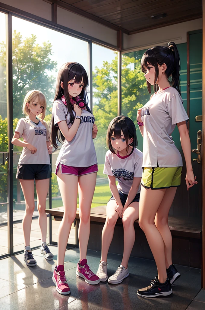 Highest quality, Ultra-high resolution, (Realistic: )2D official style cel animation,((Three pretty girls sitting next to each other。))mini skirt,Summer Shirts,(Lace panties),loose socks,sneakers,Full body portrait,(From below),Summer Sea,stage,sunny,Troubled face,Spread your legs