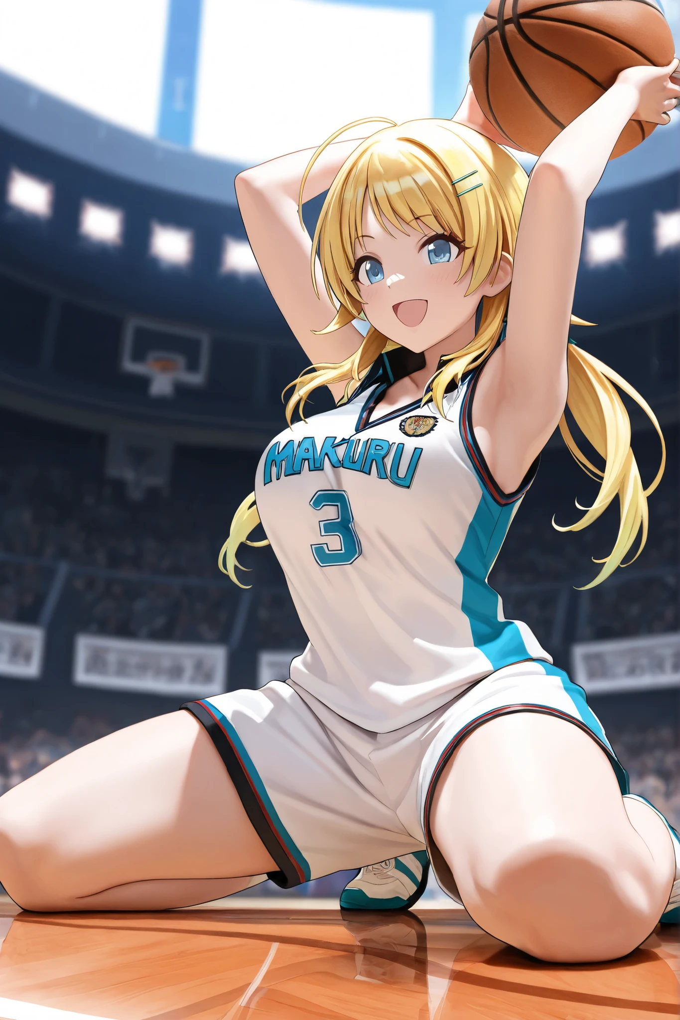 A beautiful blonde woman with three braids and deep red eyes, gazing condescendingly at the viewer with a cute grinning expression, extremely detailed and realistic, masterpiece quality, ultra-detailed, HDR, studio lighting, vivid colors, physically-based rendering, thick muscular thighs,Accurate Volleyball Uniform