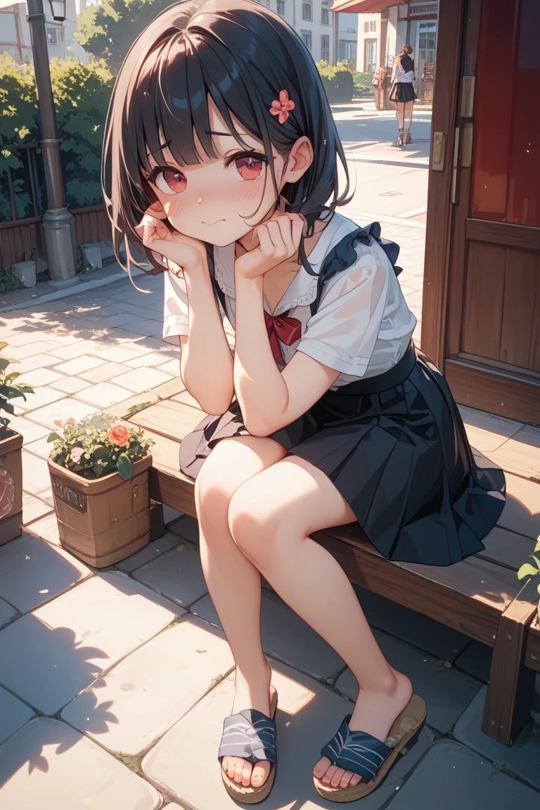 1girl in、A smile、The shirt、skirt by the、(small tits)Chilarism、Japan High School Student Uniform、serafuku、summer clothing、Squall Drenched Uniform、(Sheer Bra)、Upper body portrait、light cream hair、Squatting panchira、