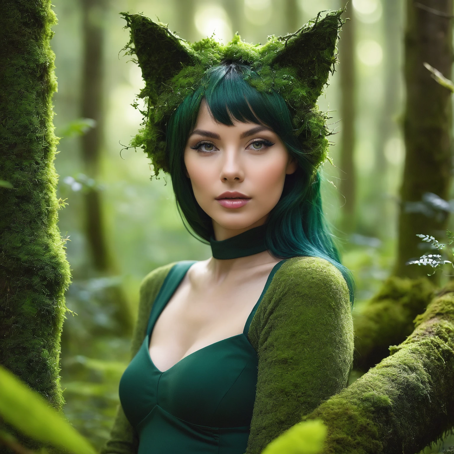 super realism, 1 woman, 20 years, long green fur, sitting on the floor with her legs crossed, with her naked breasts, showing her breasts, soft and delicate facial feature, blue eyes, sticking out his tongue, in the countryside
