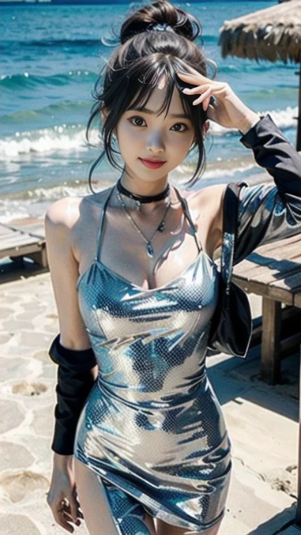Latex bodysuit、Knee-high boots、Huge 、Long brown hair、Shiny, Oily skin、Glowing Skin、Indoor competition pool、White skin、 Body Portrait, 8k, Narrow and beautiful eyes, Dindal effect, masterpiece, 最high quality, high quality, High resolution, Very detailed photos, (Natural skin texture, Fine skin, Hyperrealism, Ultra Sharpness) , Skin with attention to detail, (Very fine, Fine skin texture, Intricate details, Beautiful Face, (A vivid face), Realistic eyes, Beautiful and detailed, Realistic Skin, Beautiful Skin, surreal, Very detailed, Golden Ratio, Smiling Eyes, ((Night moonlight background)), Body Portrait, glamorous, Shiny Bodysuit