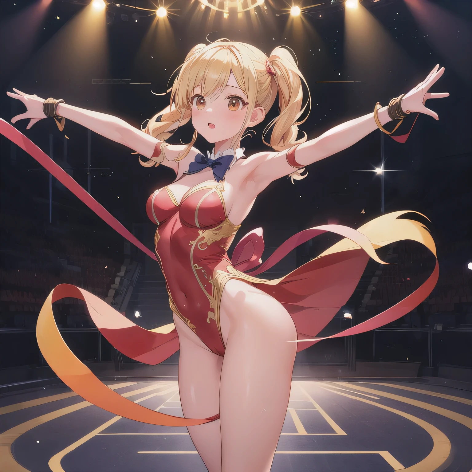 masterpiece, Highest quality, Confused, 1 girl, Looking at the audience,Embarrassed、、City、blush smile China dress Red panties tights From below Blonde ((High Kick)) (((Perfect Legs))) Beautiful legs Twin Tail Kung Fu Martial Arts