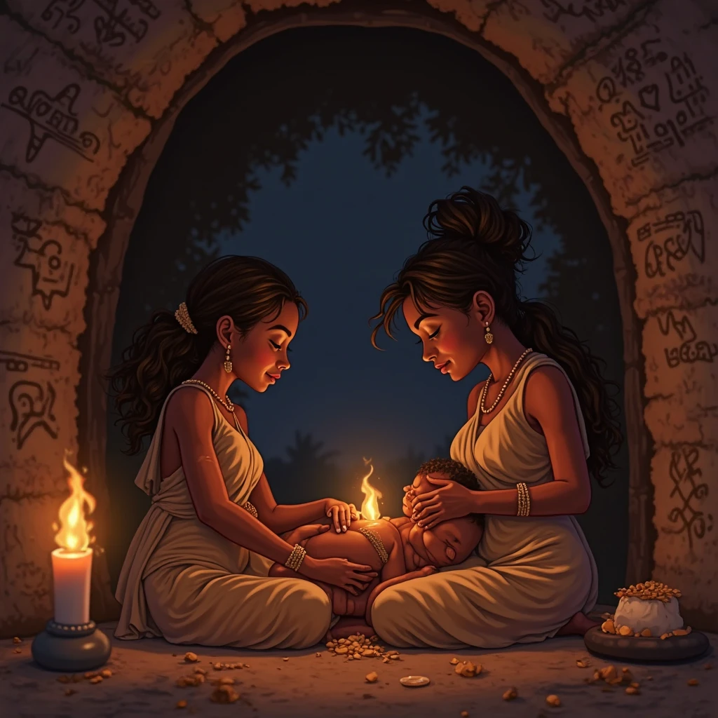 Devaki , vasudev and lord newborn krishna in prison of jail in slow light of lamp 