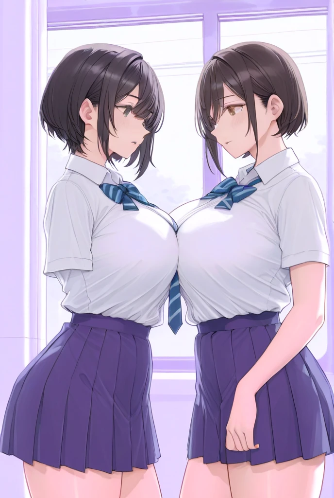 master-piece, bestquality, 1girls,16 years old, View viewers from face, HD, slight smile, massive tits, cleavage, tiny body, under tits cleavage, wide hips, garden, extra slim waist, large sleeve, glasses, striped miniskirt, crop top,