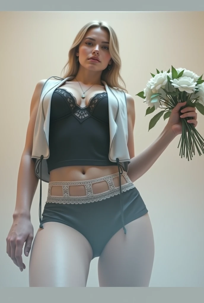 "A person wearing a black bra under a traditional maid outfit with a white apron and lace details. The focus is on the upper body, with the apron tied around the waist and the lace details prominently visible. The background appears to be indoors, with a door partially visible."