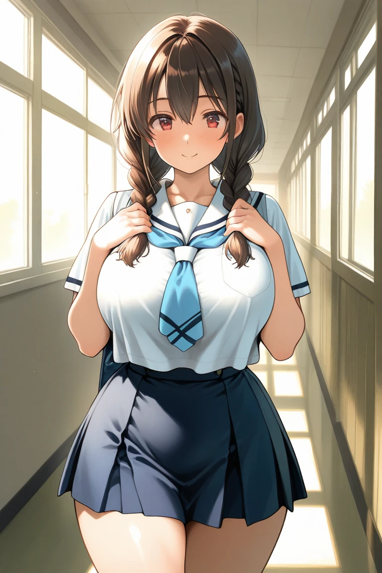 (8k, RAW photo, best quality, masterpiece, soft cinematic lighting, soft color:1.4),(ceiling, looking at her breasts,face focus:1.5), (realistic), (indoor background), (solo, mature woman,19years old:1.3), (sailor uniform,underboob,low-cut miniskirt,sheer :1.3), (embarrassed,red Cheeks:1.25), party chignon bronze color hair, clean skin, (smaller butt:0.9),(huge long wide heavy breasts:1.4), (thick, curvy:1.3),(very skinny:1.3)
