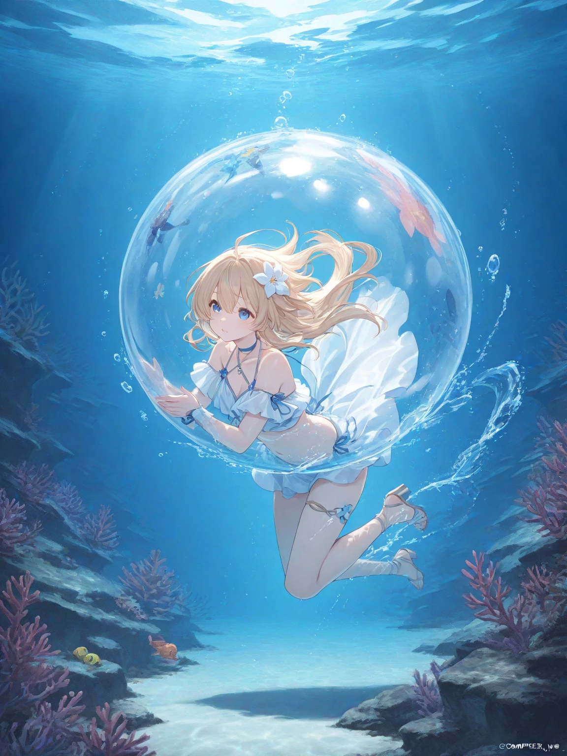 Jellyfish headphones, jellyfish nipple seal, bikini and jellyfish fusion, active pose, natural luminescence, pigtails, small breasts, lower breasts, female brat, thick eyebrows, thin waist, beautiful blonde, braid, (masterpiece), ((highest quality)), (super detailed), girl, (beautiful eyes)), beautiful detailed eyes, clean and detailed face, five fingers, textile shading, perfect anatomy,
